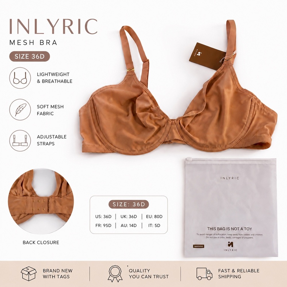 INLYRIC Mesh Underwire Bra Tan/Nude Size 36D NWT Lightweight Unlined